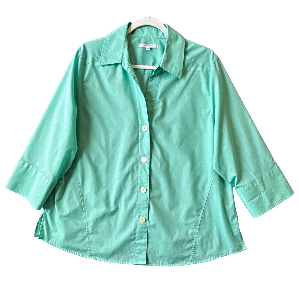 Foxcroft Green Wrinkle Resistant Button Front 3/4 Sleeve Shirt 16W Coastal Retro